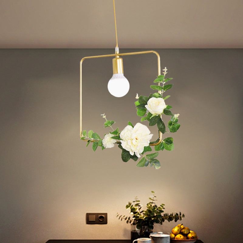 Gold Iron Rectangle/Round Frame Pendant Light with Artificial Bloom Deco - Stylish Suspended Ceiling Fixture