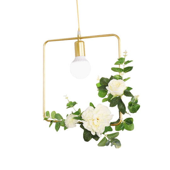 Gold Iron Rectangle/Round Frame Pendant Light with Artificial Bloom Deco - Stylish Suspended Ceiling Fixture