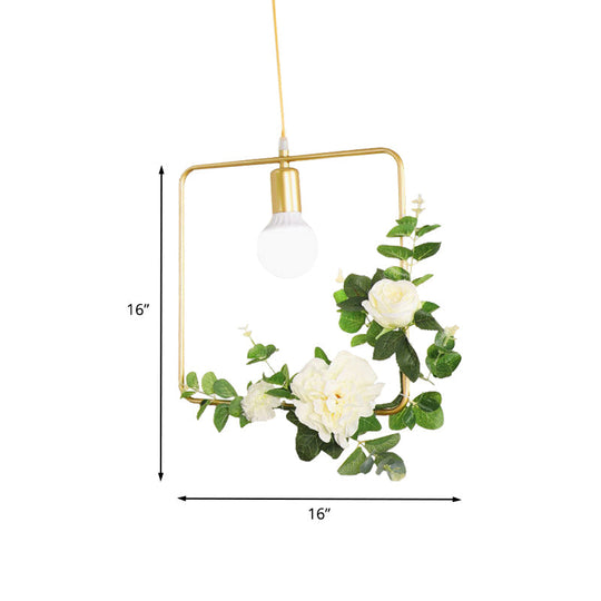 Gold Iron Rectangle/Round Frame Pendant Light with Artificial Bloom Deco - Stylish Suspended Ceiling Fixture