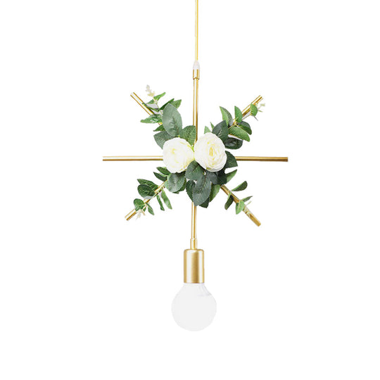 Gold Iron Rectangle/Round Frame Pendant Light with Artificial Bloom Deco - Stylish Suspended Ceiling Fixture