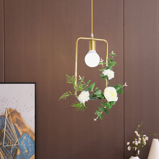 Gold Iron Rectangle/Round Frame Pendant Light with Artificial Bloom Deco - Stylish Suspended Ceiling Fixture