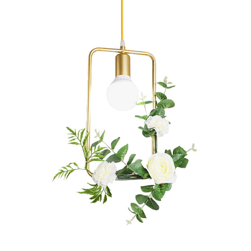 Gold Iron Rectangle/Round Frame Pendant Light with Artificial Bloom Deco - Stylish Suspended Ceiling Fixture