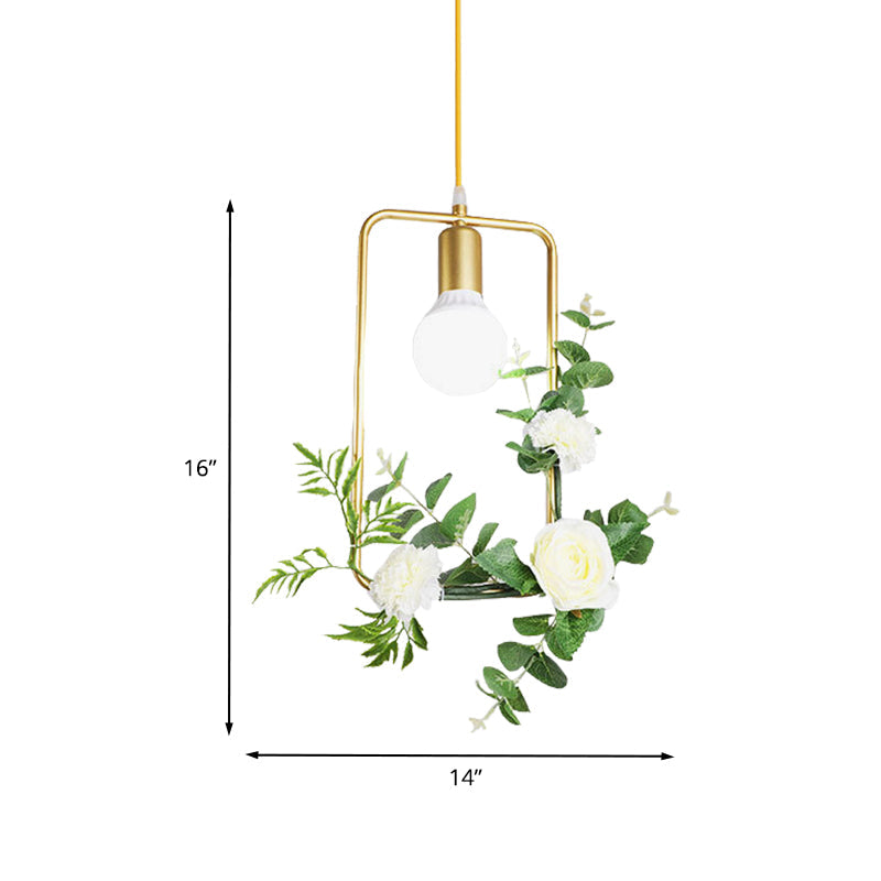 Gold Iron Rectangle/Round Frame Pendant Light with Artificial Bloom Deco - Stylish Suspended Ceiling Fixture