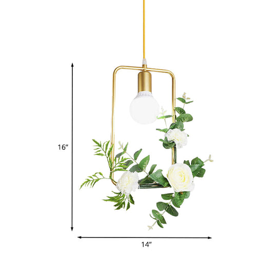 Gold Iron Rectangle/Round Frame Pendant Light with Artificial Bloom Deco - Stylish Suspended Ceiling Fixture