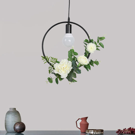 1 Bulb Artificial Flower Ceiling Pendant: Triangle/Round/Square Frame Loft Style Black Iron Down