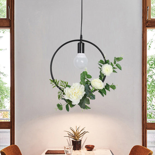 1 Bulb Artificial Flower Ceiling Pendant: Triangle/Round/Square Frame Loft Style Black Iron Down