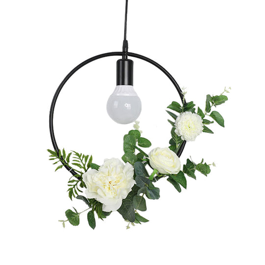 1 Bulb Artificial Flower Ceiling Pendant: Triangle/Round/Square Frame Loft Style Black Iron Down