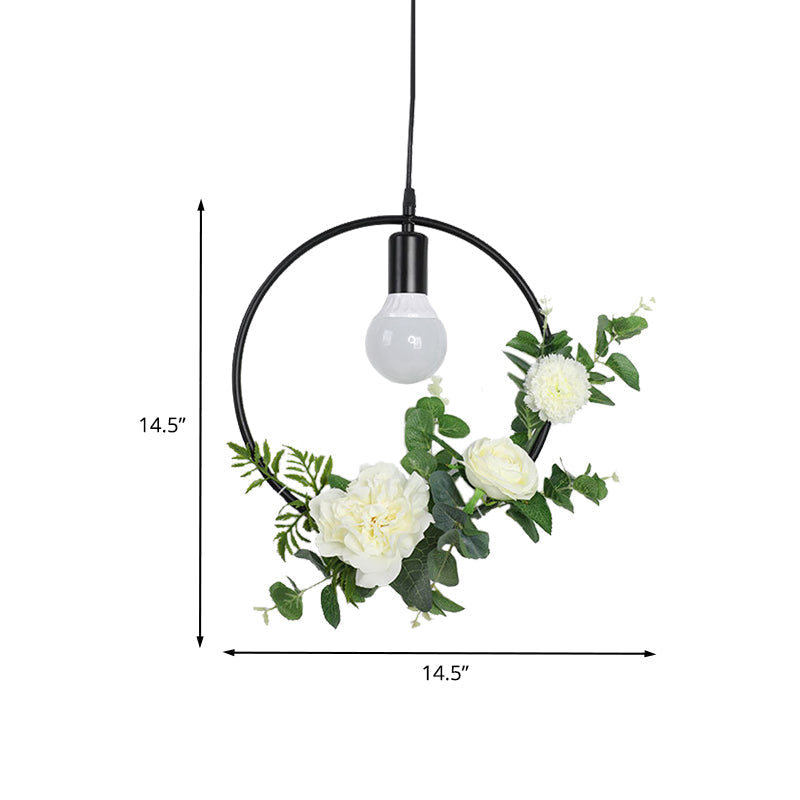 1 Bulb Artificial Flower Ceiling Pendant: Triangle/Round/Square Frame Loft Style Black Iron Down