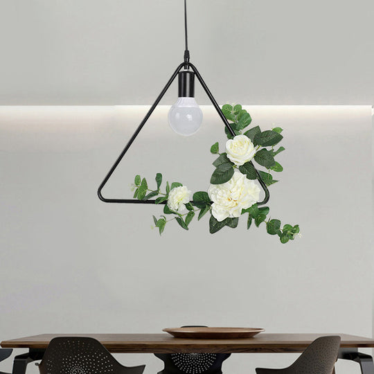 1 Bulb Artificial Flower Ceiling Pendant: Triangle/Round/Square Frame Loft Style Black Iron Down