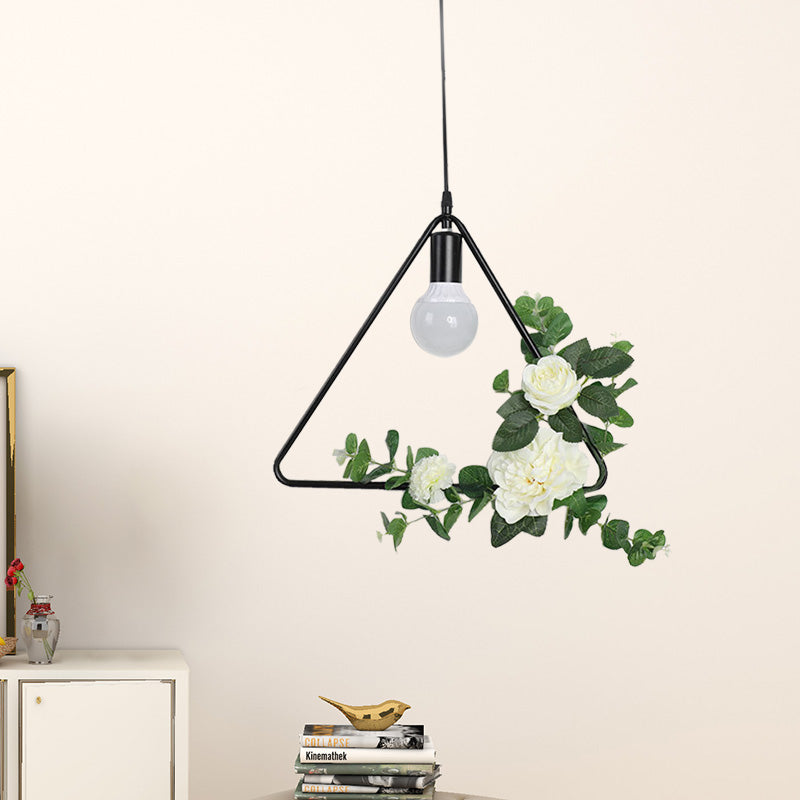 1 Bulb Artificial Flower Ceiling Pendant: Triangle/Round/Square Frame Loft Style Black Iron Down