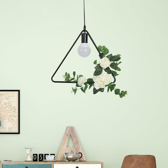 1 Bulb Artificial Flower Ceiling Pendant: Triangle/Round/Square Frame Loft Style Black Iron Down