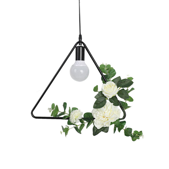 1 Bulb Artificial Flower Ceiling Pendant: Triangle/Round/Square Frame Loft Style Black Iron Down