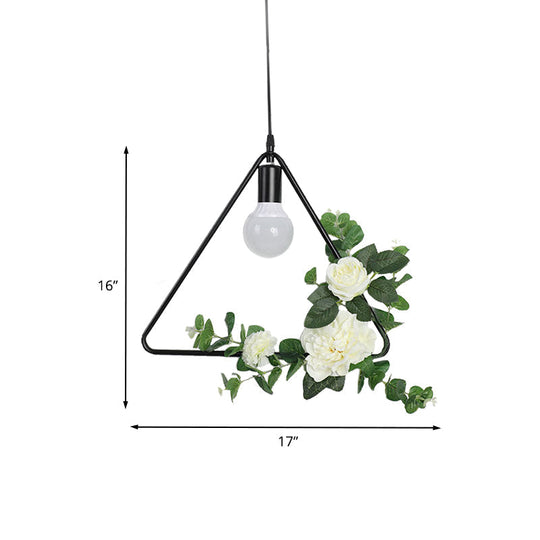 1 Bulb Artificial Flower Ceiling Pendant: Triangle/Round/Square Frame Loft Style Black Iron Down