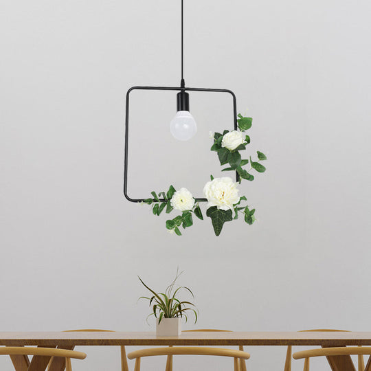 1 Bulb Artificial Flower Ceiling Pendant: Triangle/Round/Square Frame Loft Style Black Iron Down