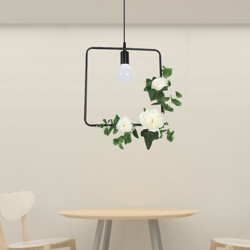 1 Bulb Artificial Flower Ceiling Pendant: Triangle/Round/Square Frame Loft Style Black Iron Down