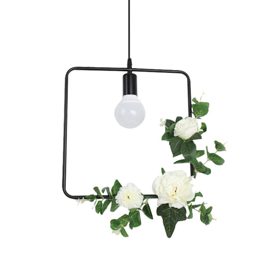 1 Bulb Artificial Flower Ceiling Pendant: Triangle/Round/Square Frame Loft Style Black Iron Down