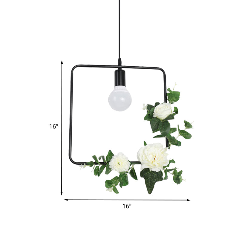 1 Bulb Artificial Flower Ceiling Pendant: Triangle/Round/Square Frame Loft Style Black Iron Down