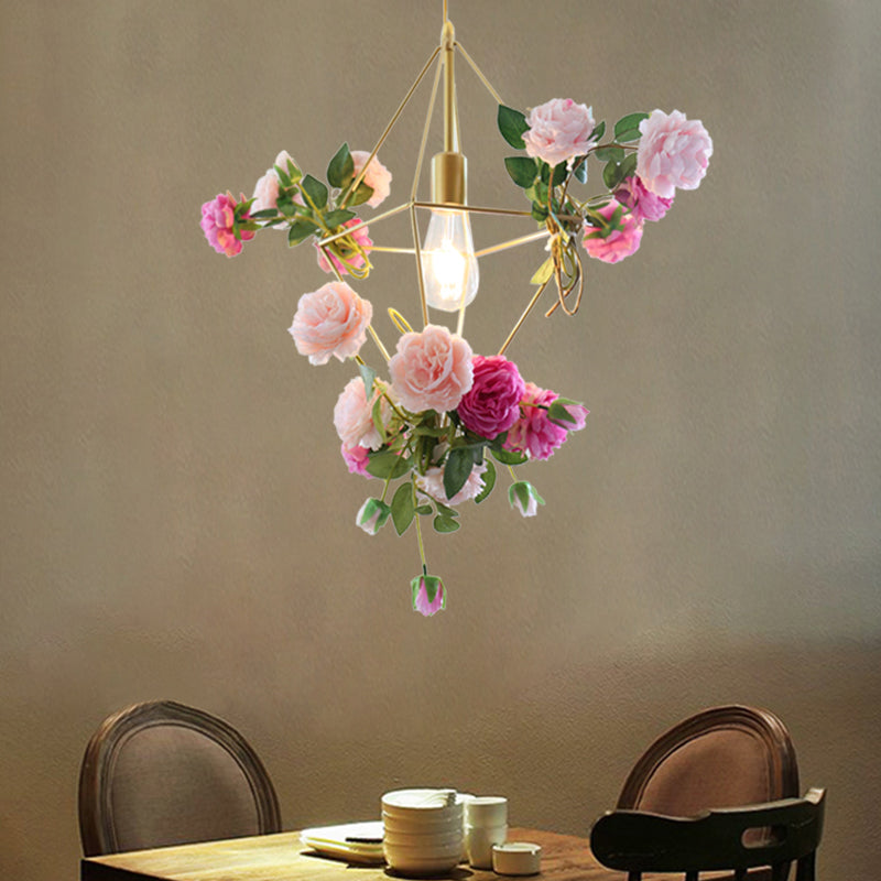 Vintage Diamond Cage Pendant Light Kit - 14"/18" H, 1-Light Metal Hanging Lamp in Gold with Faux Flower