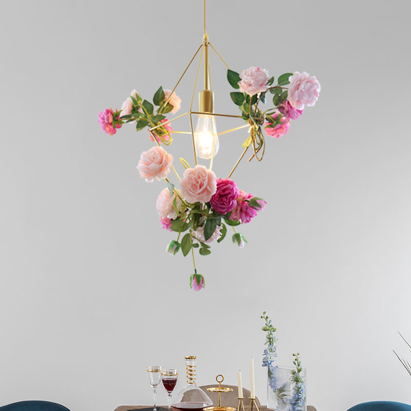 Vintage Gold Diamond Cage Pendant Light Kit - 14/18 H Dining Room Hanging Lamp With Fake Flower