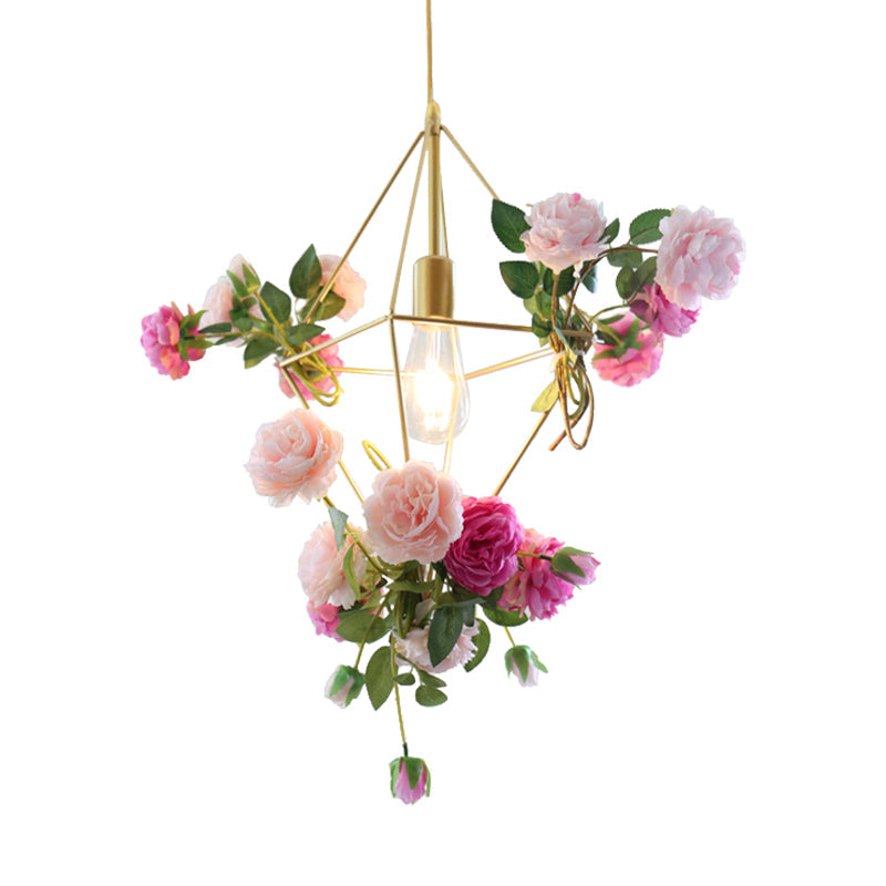 Vintage Diamond Cage Pendant Light Kit - 14"/18" H, 1-Light Metal Hanging Lamp in Gold with Faux Flower