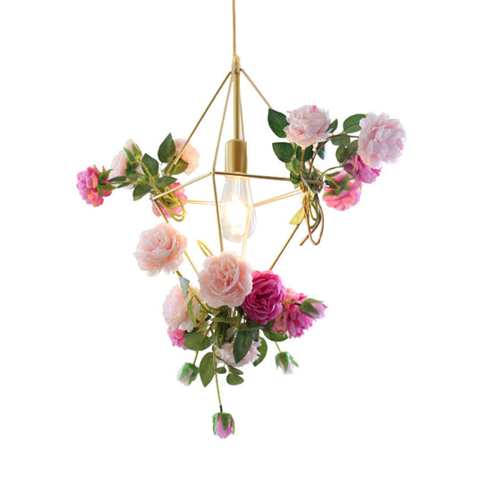 Vintage Gold Diamond Cage Pendant Light Kit - 14/18 H Dining Room Hanging Lamp With Fake Flower