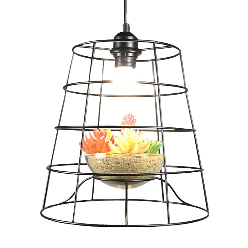 Antiqued Bucket Cage Pendant Light in Black with Vine/Succulent Décor - 1 Light Hanging Metallic Lighting