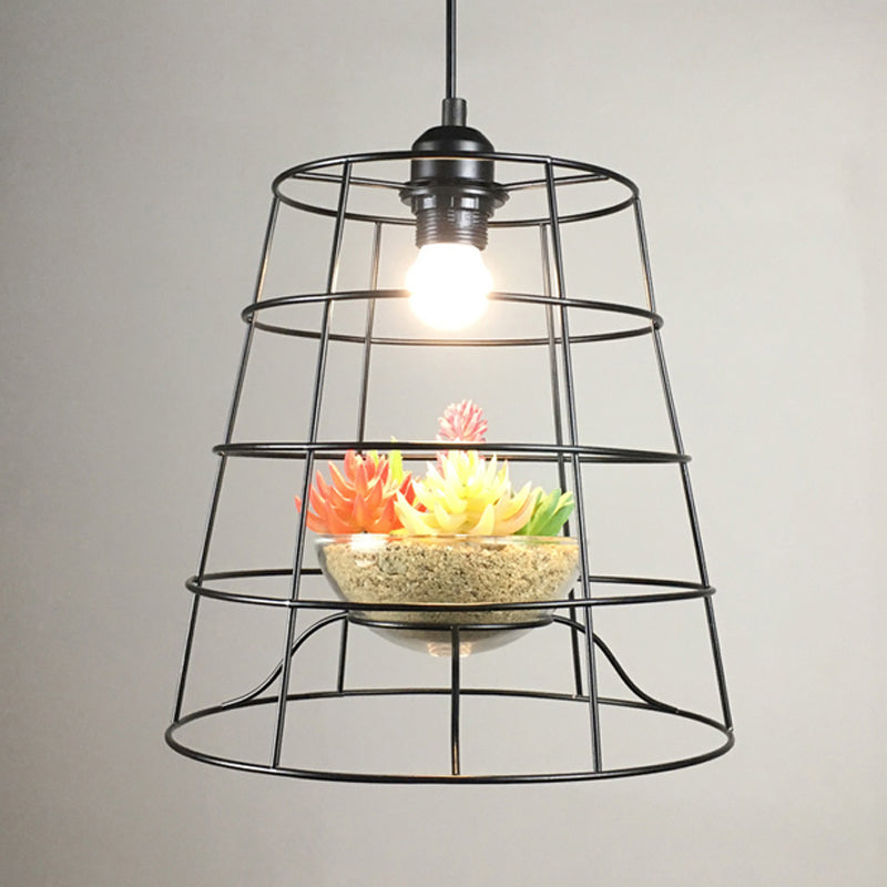 Antiqued Bucket Cage Pendant Light in Black with Vine/Succulent Décor - 1 Light Hanging Metallic Lighting