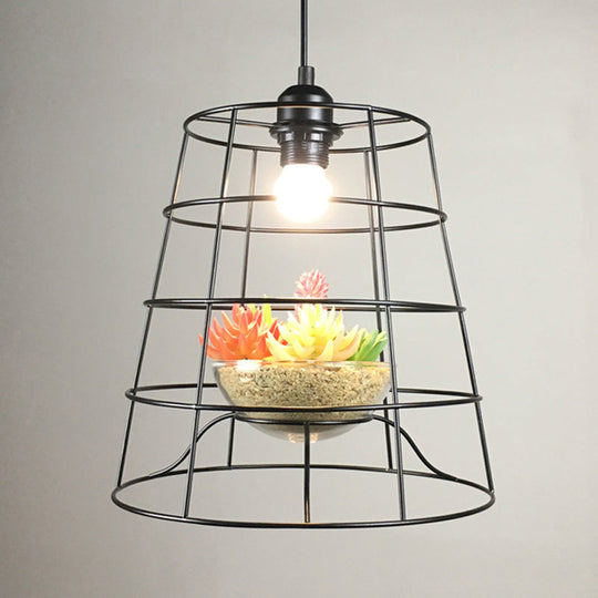 Antiqued Bucket Cage Pendant Light - Metallic Hanging Lighting In Black With Artificial