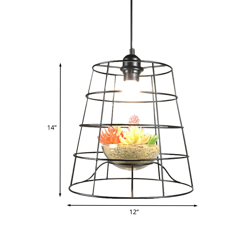 Antiqued Bucket Cage Pendant Light in Black with Vine/Succulent Décor - 1 Light Hanging Metallic Lighting