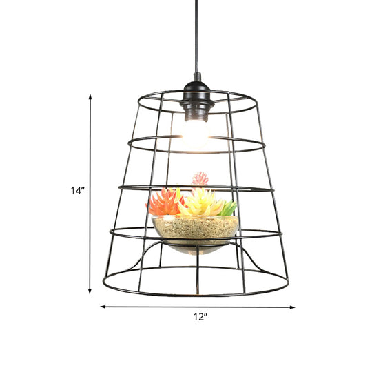 Antiqued Bucket Cage Pendant Light - Metallic Hanging Lighting In Black With Artificial