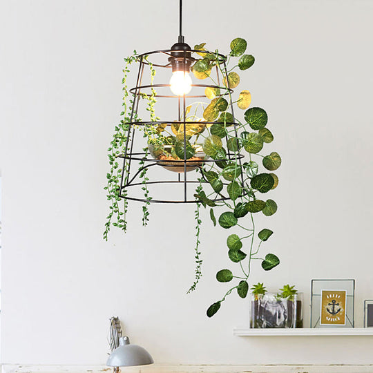 Antiqued Bucket Cage Pendant Light in Black with Vine/Succulent Décor - 1 Light Hanging Metallic Lighting