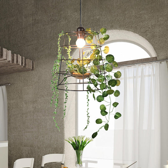 Antiqued Bucket Cage Pendant Light in Black with Vine/Succulent Décor - 1 Light Hanging Metallic Lighting