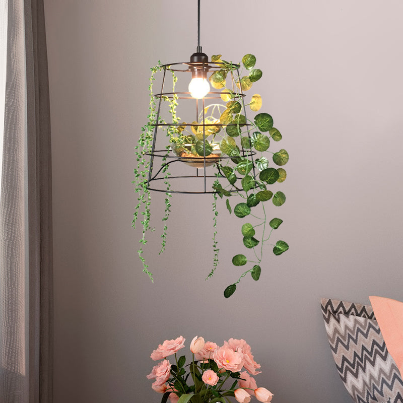 Antiqued Bucket Cage Pendant Light in Black with Vine/Succulent Décor - 1 Light Hanging Metallic Lighting