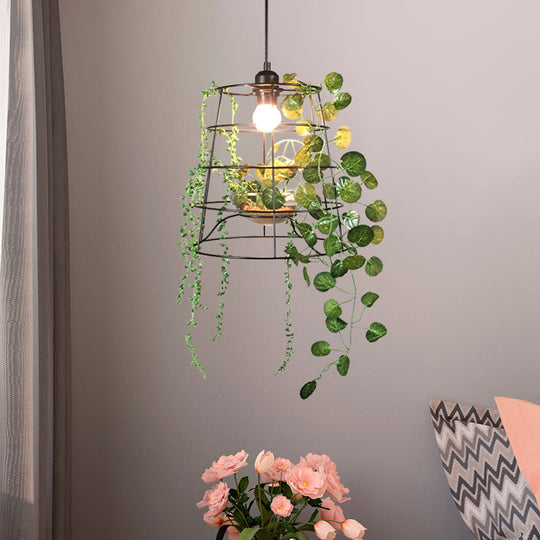 Antiqued Bucket Cage Pendant Light - Metallic Hanging Lighting In Black With Artificial