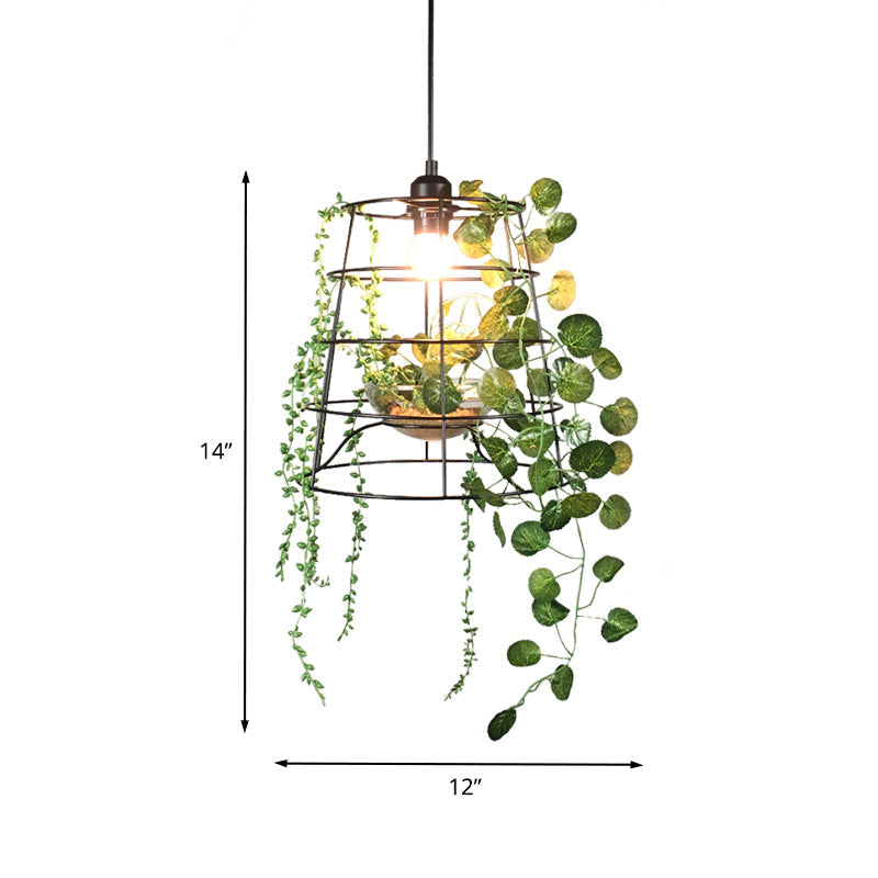 Antiqued Bucket Cage Pendant Light in Black with Vine/Succulent Décor - 1 Light Hanging Metallic Lighting