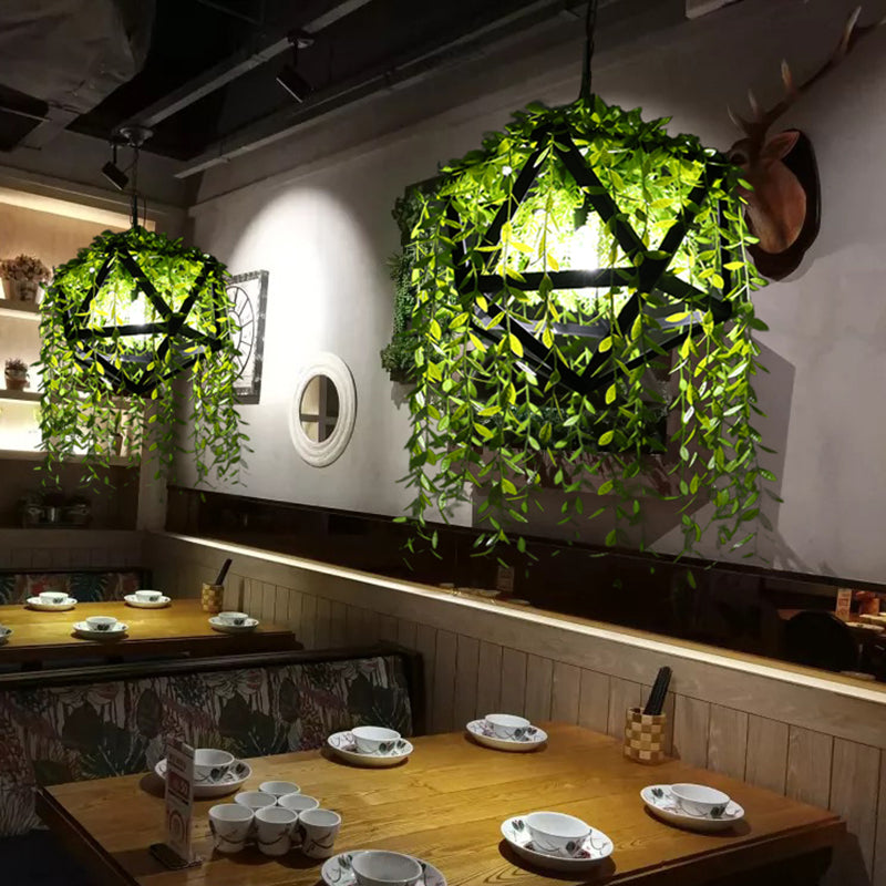 Industrial Metal Pendant Light with Black Faceted Design - 1 Head Dining Room Hanging Fixture, Fake Vine Deco Included