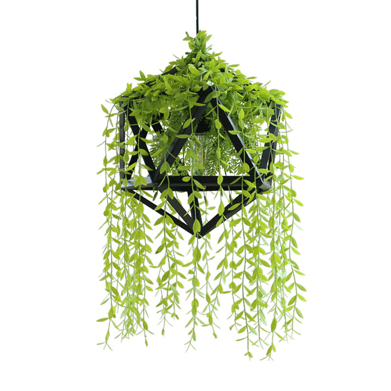 Industrial Metal Pendant Light with Black Faceted Design - 1 Head Dining Room Hanging Fixture, Fake Vine Deco Included