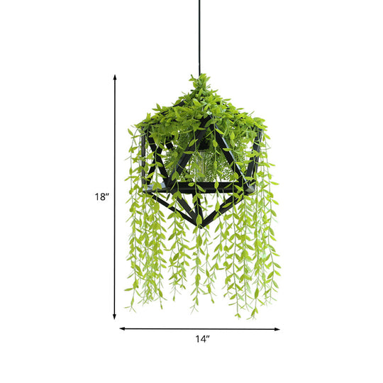 Industrial Metal Pendant Light with Black Faceted Design - 1 Head Dining Room Hanging Fixture, Fake Vine Deco Included