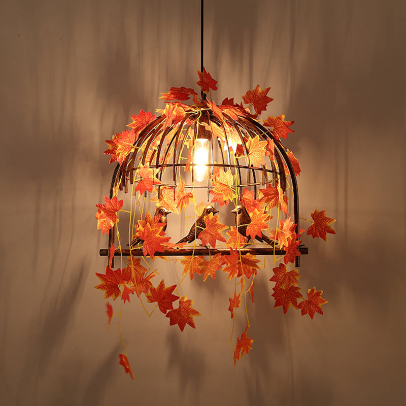 Red Farmhouse Pendant Lamp - 1-Light Birdcage Suspension With Leaf Decoration