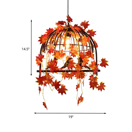 Red Farm Style Hanging Pendant Lamp with Birdcage Design and Maple Leaf Deco