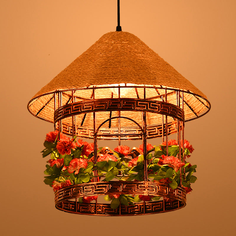 Vintage Black/Rust Finish House Pendant Ceiling Light with Rope Hanging and Flower/Vine Deco - 1-Bulb Hanging Lamp Kit