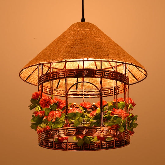 Vintage Black/Rust Finish House Pendant Ceiling Light with Rope Hanging and Flower/Vine Deco - 1-Bulb Hanging Lamp Kit