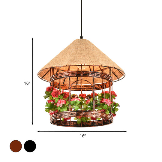 Vintage Black/Rust Finish House Pendant Ceiling Light with Rope Hanging and Flower/Vine Deco - 1-Bulb Hanging Lamp Kit