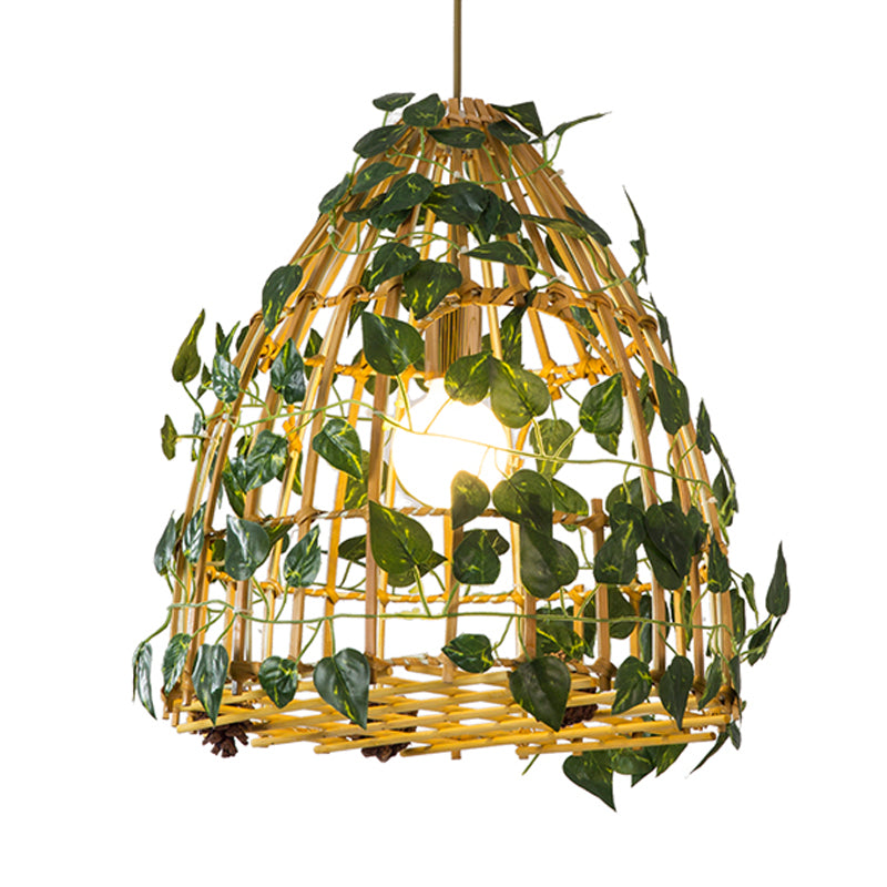 Antiqued Bell Cage Bamboo Suspension Pendant Light Kit in Beige + Faux Plant Deco