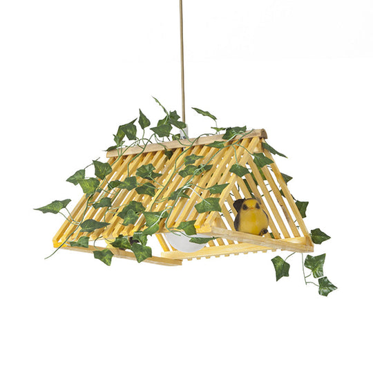 Retro Bamboo Pendant Lamp with Red/Green Roof, 1 Light Dining Room Hanging Fixture - Plant Deco