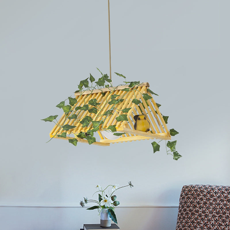 Bamboo Retro Pendant Lamp With Red/Green Roof And Plant Deco For Dining Room Lighting