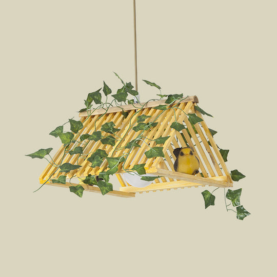 Retro Bamboo Pendant Lamp with Red/Green Roof, 1 Light Dining Room Hanging Fixture - Plant Deco