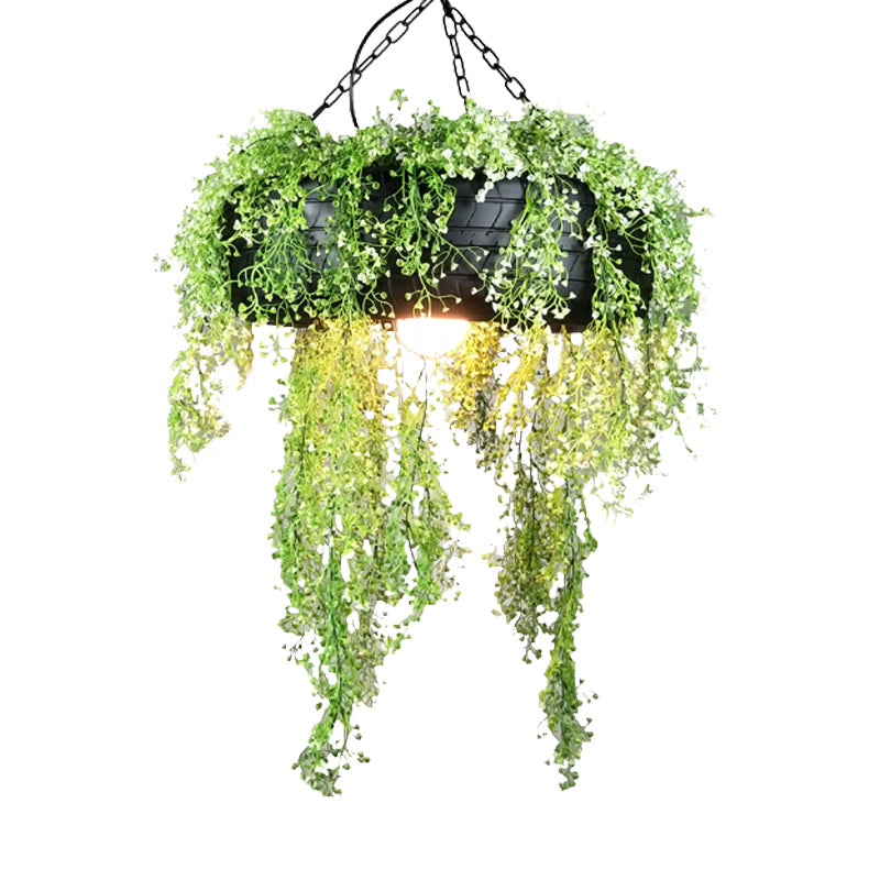 Industrial Metal Hanging Lamp Kit - Tyre Dining Room Fixture With Vine Decoration Green