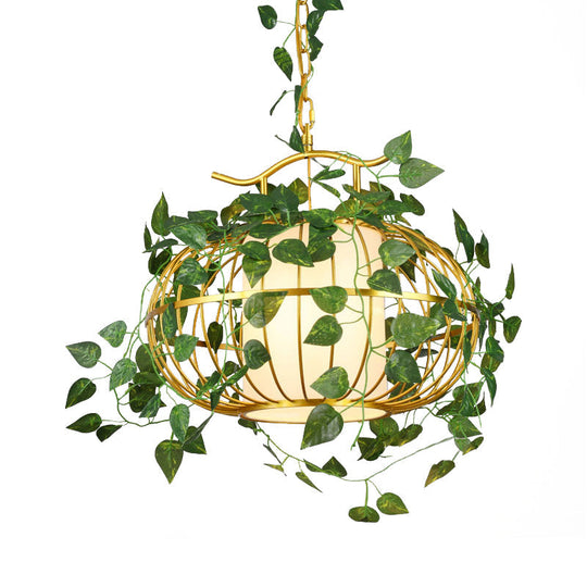 Metal Hanging Lantern Cage Light Fixture - Factory Red/Pink/Green, Down Lighting with Fabric Shade and Faux Plant/Flower