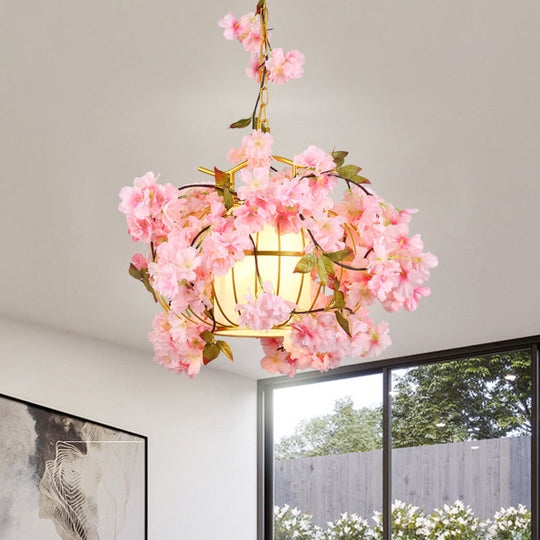 Metal Hanging Lantern Cage Light Fixture - Factory Red/Pink/Green, Down Lighting with Fabric Shade and Faux Plant/Flower